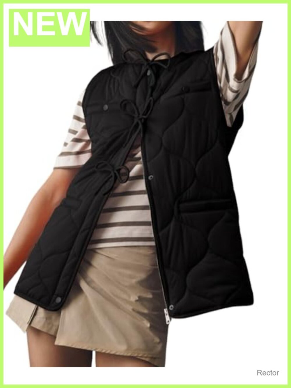 Quilted Puffer Vest Collarless Bow Snap Button Lightweight Padded Winter